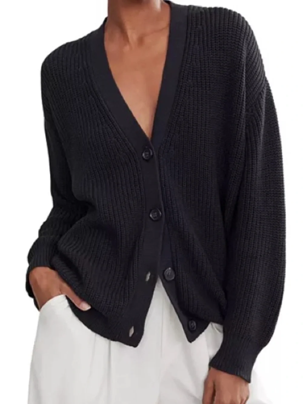 Jenni Kayne Women’s Black Chunky Knit Oversized Organic Cotton Cardigan- Small